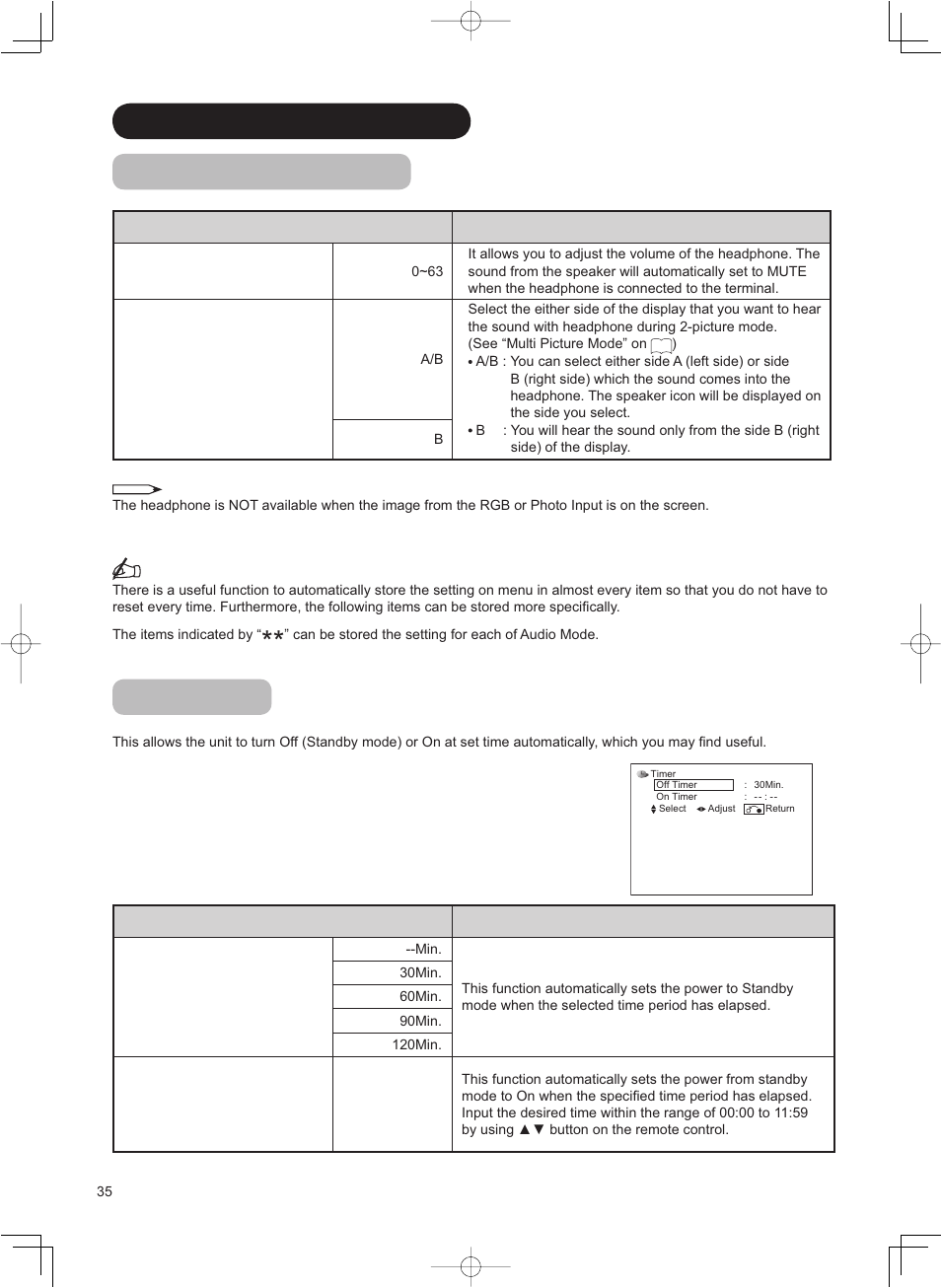 Menu operation (continued) audio menu (continued), Timer menu | Hitachi 42PD8800TA User Manual | Page 36 / 62