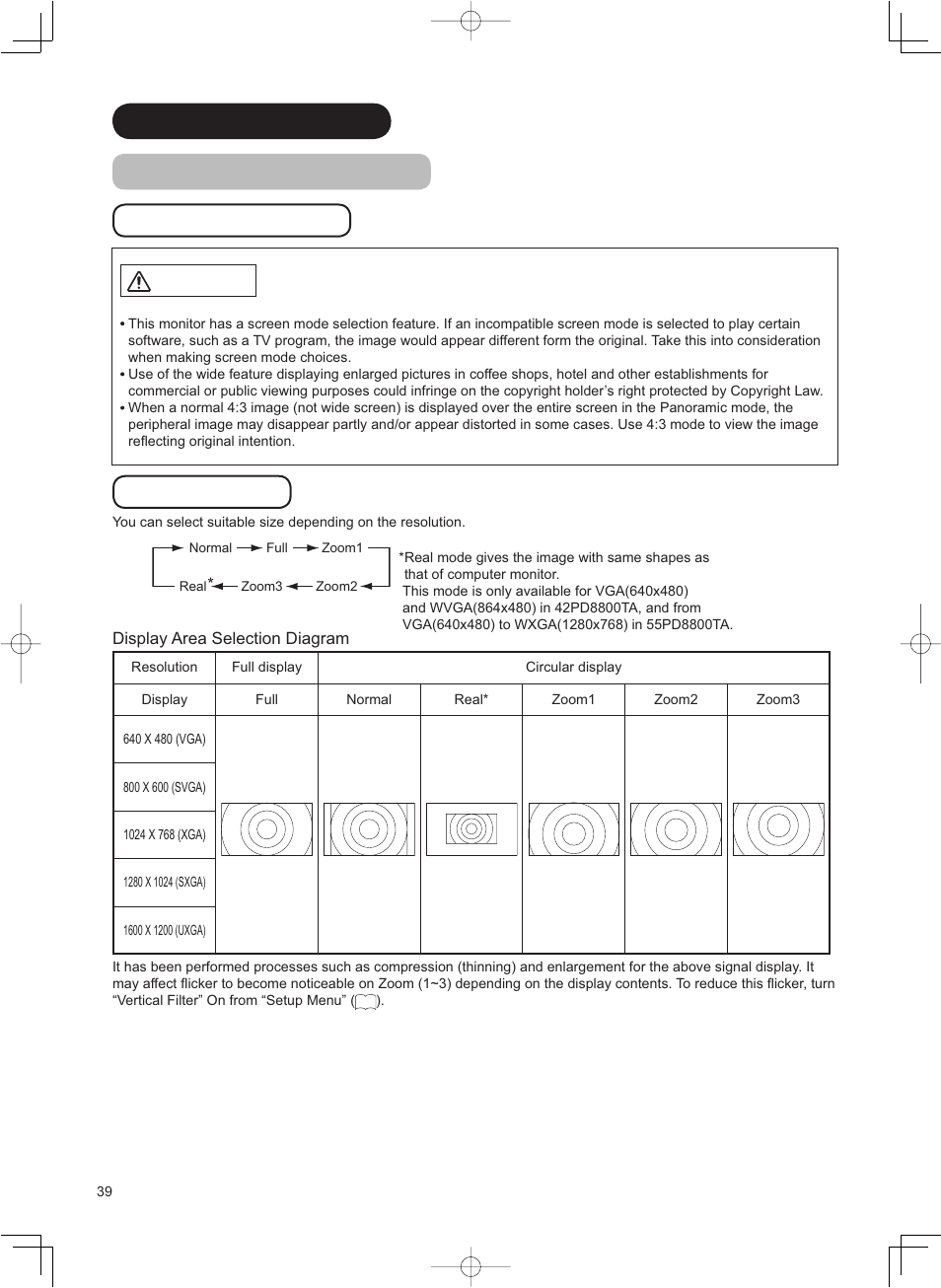 Caution, Function (continued) size switching (continued) | Hitachi 42PD8800TA User Manual | Page 40 / 62