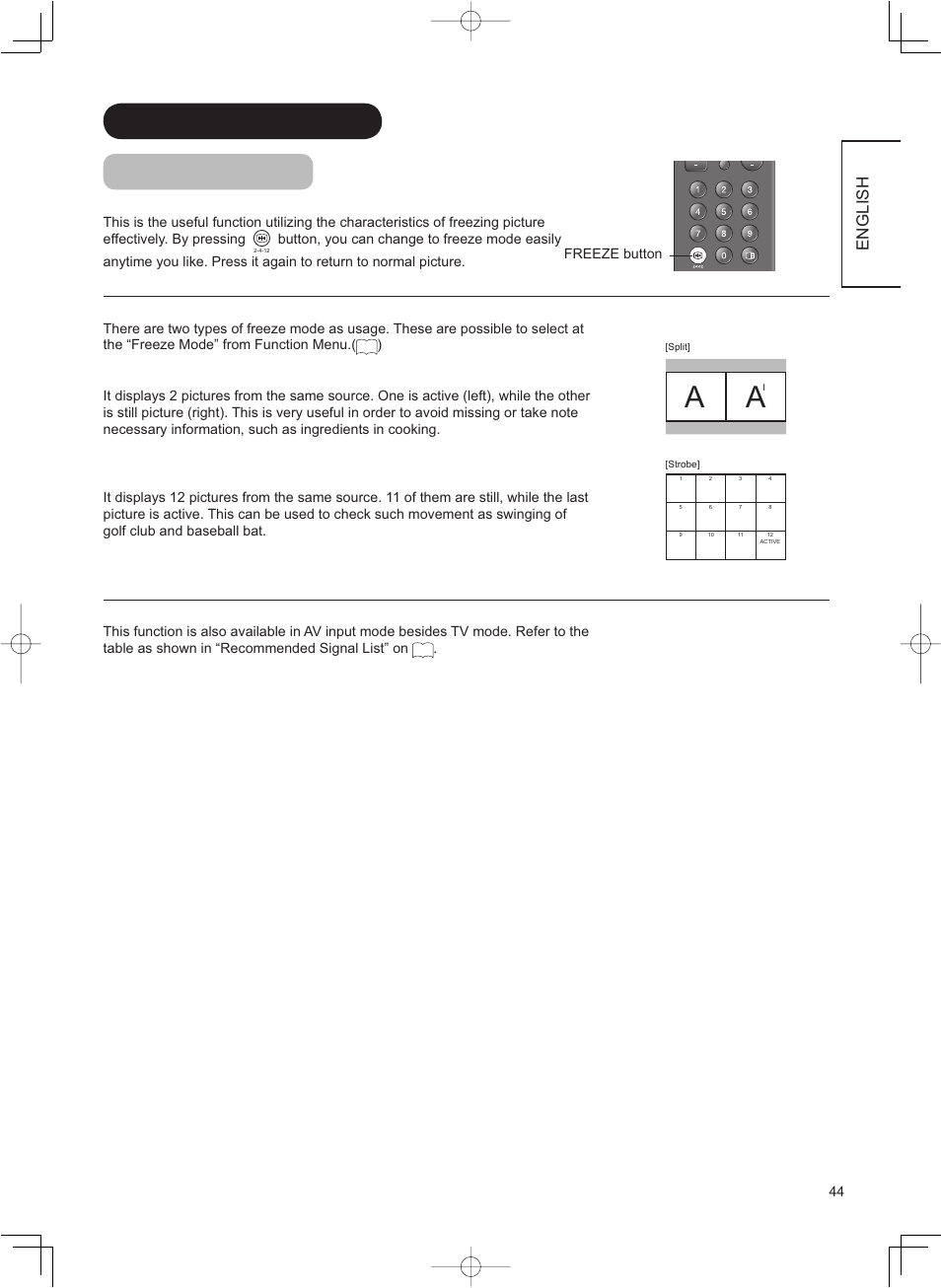 Function (continued) picture freezing, English | Hitachi 42PD8800TA User Manual | Page 45 / 62