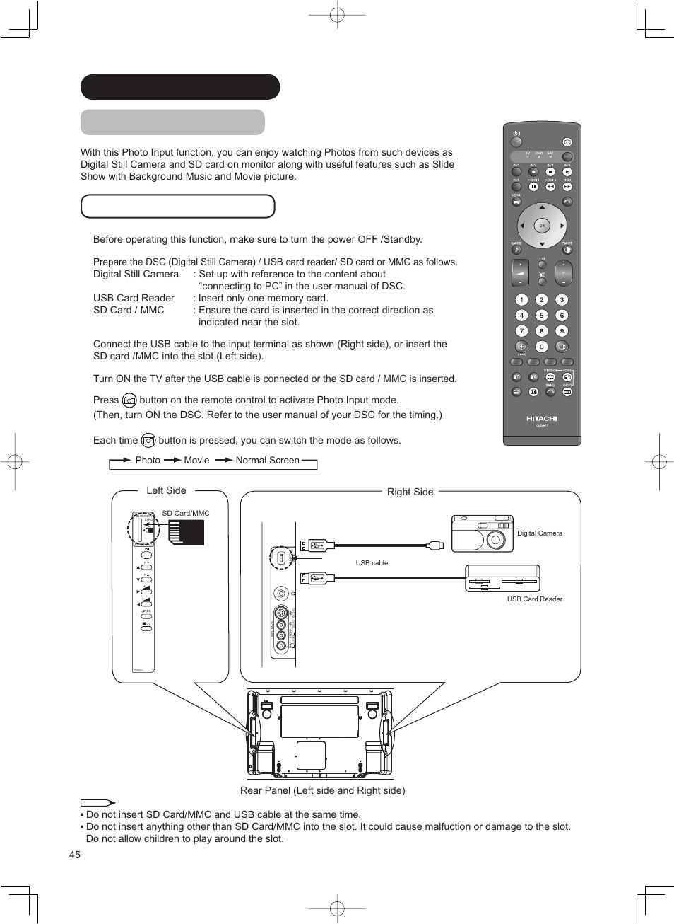 Function (continued) photo input function, Operating the photo input, Rear panel (left side and right side) | Left side, Right side | Hitachi 42PD8800TA User Manual | Page 46 / 62