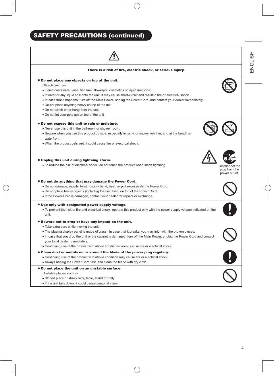 Warning, Safety precautions (continued), English | Hitachi 42PD8800TA User Manual | Page 5 / 62