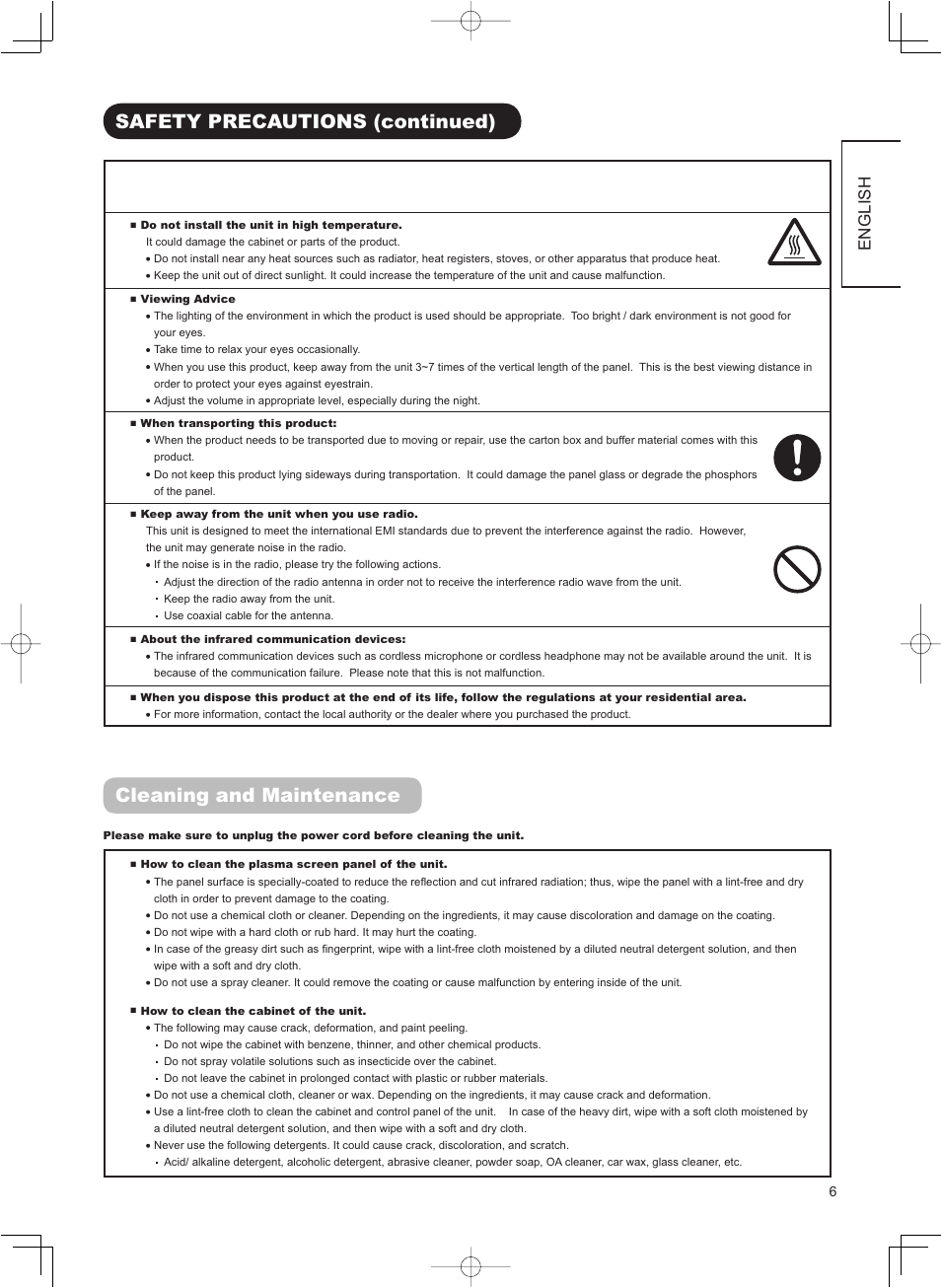 Precautions, Safety precautions (continued), Cleaning and maintenance | English | Hitachi 42PD8800TA User Manual | Page 7 / 62