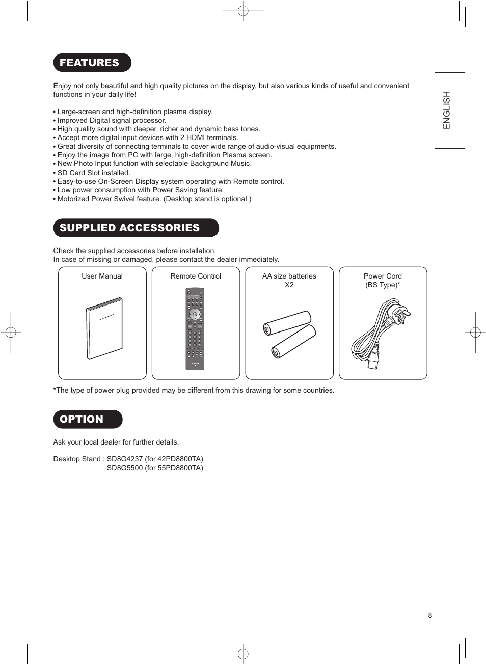 Features, Supplied accessories, Option | Hitachi 42PD8800TA User Manual | Page 9 / 62