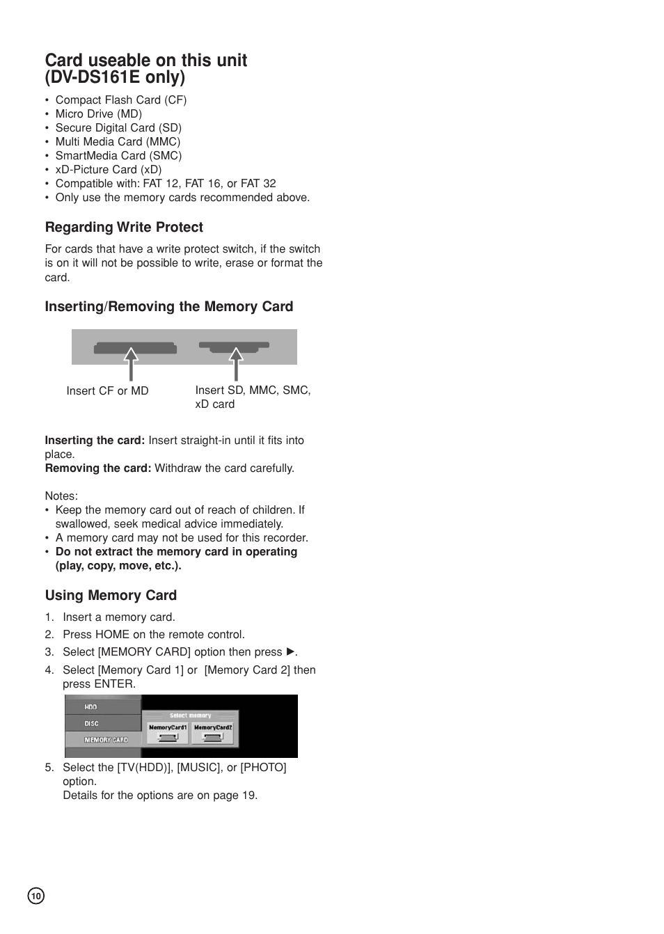 Card useable on this unit (dv-ds161e only) | Hitachi DV-DS81E User Manual | Page 10 / 76