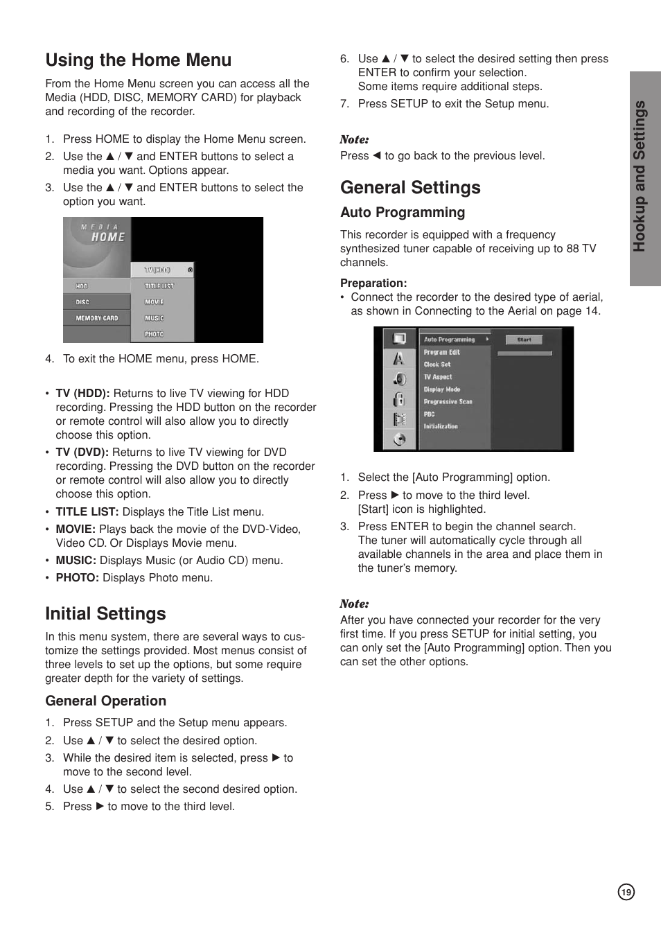 Using the home menu, Initial settings, General settings | Hookup and settings | Hitachi DV-DS81E User Manual | Page 19 / 76