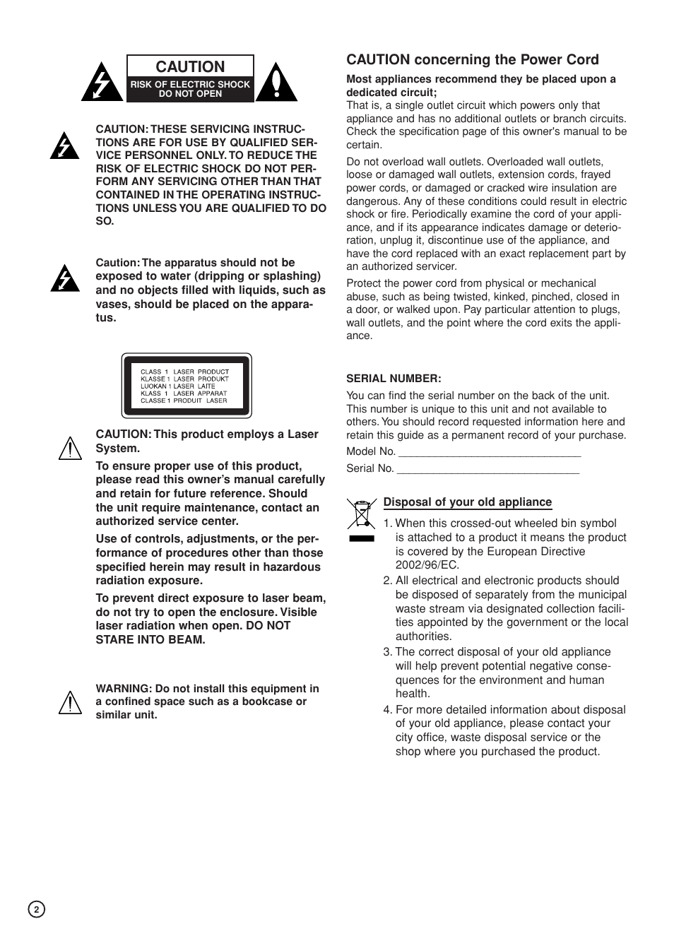 Caution, Caution concerning the power cord | Hitachi DV-DS81E User Manual | Page 2 / 76