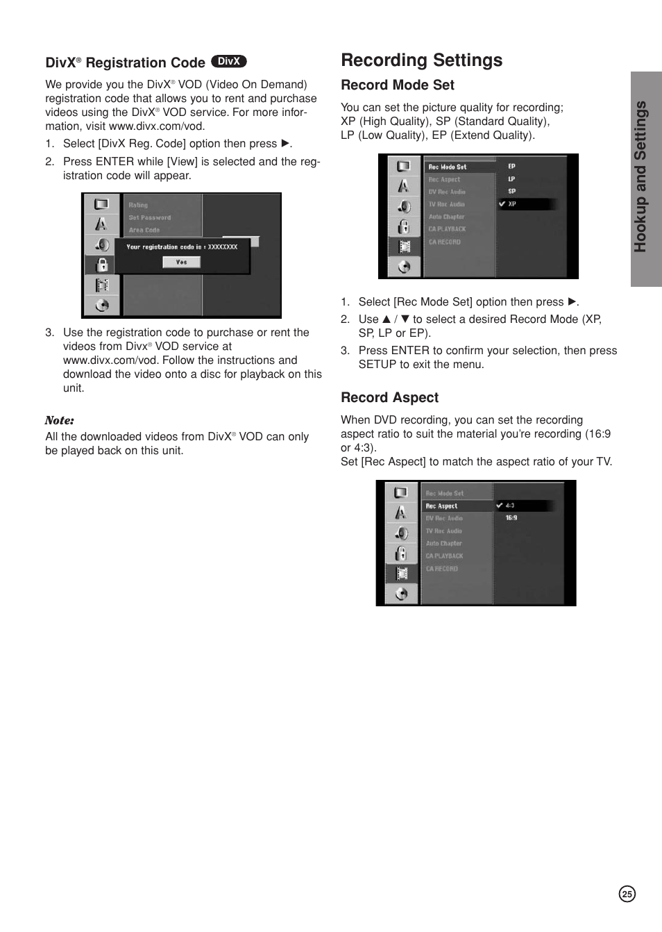 Recording settings, Hookup and settings, Divx | Registration code, Record mode set, Record aspect | Hitachi DV-DS81E User Manual | Page 25 / 76