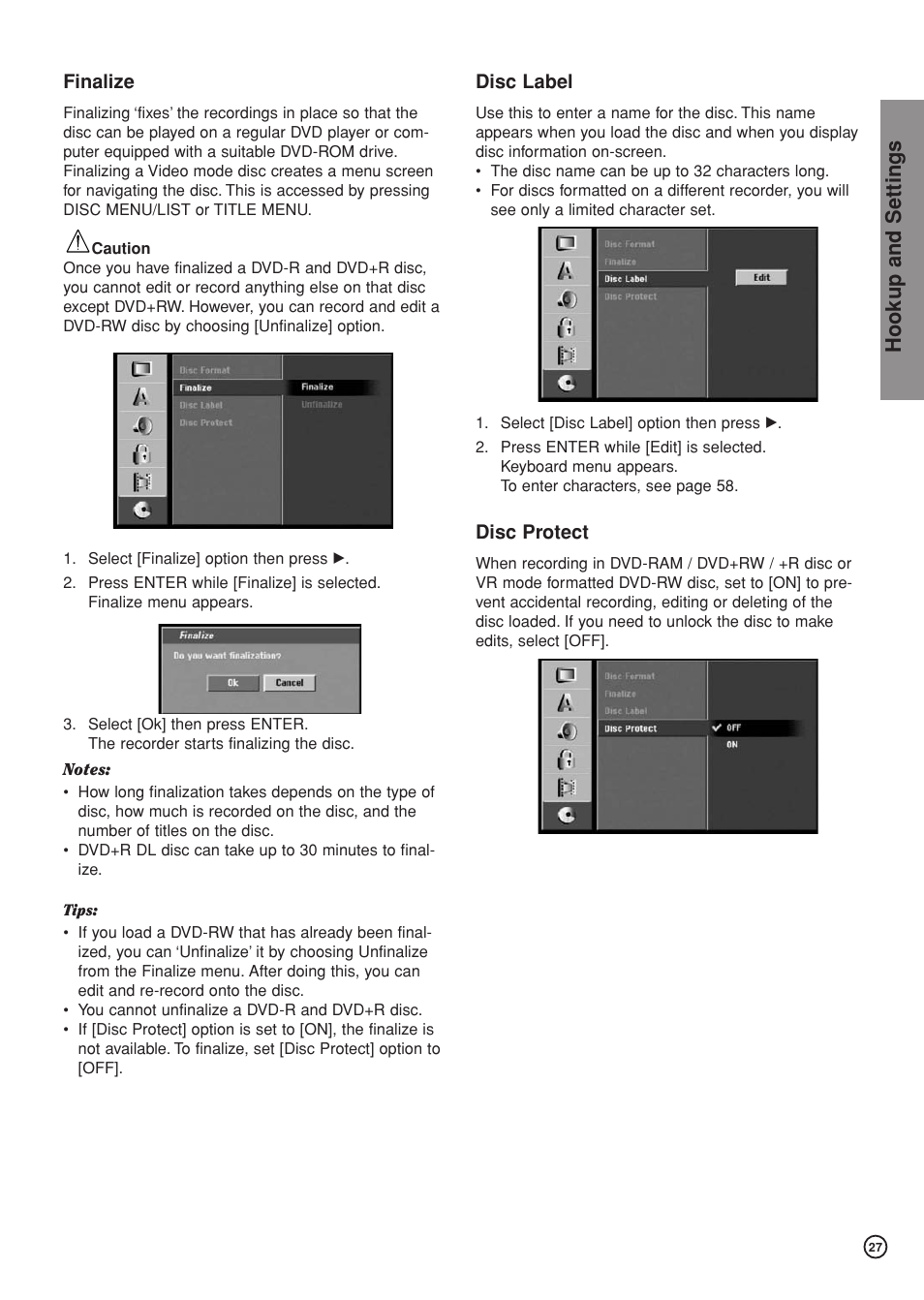 Hookup and settings, Finalize, Disc label | Disc protect | Hitachi DV-DS81E User Manual | Page 27 / 76