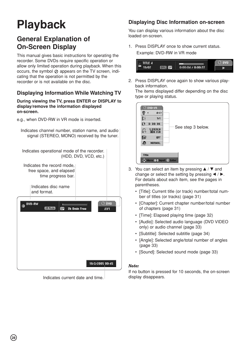 Playback, General explanation of on-screen display | Hitachi DV-DS81E User Manual | Page 28 / 76