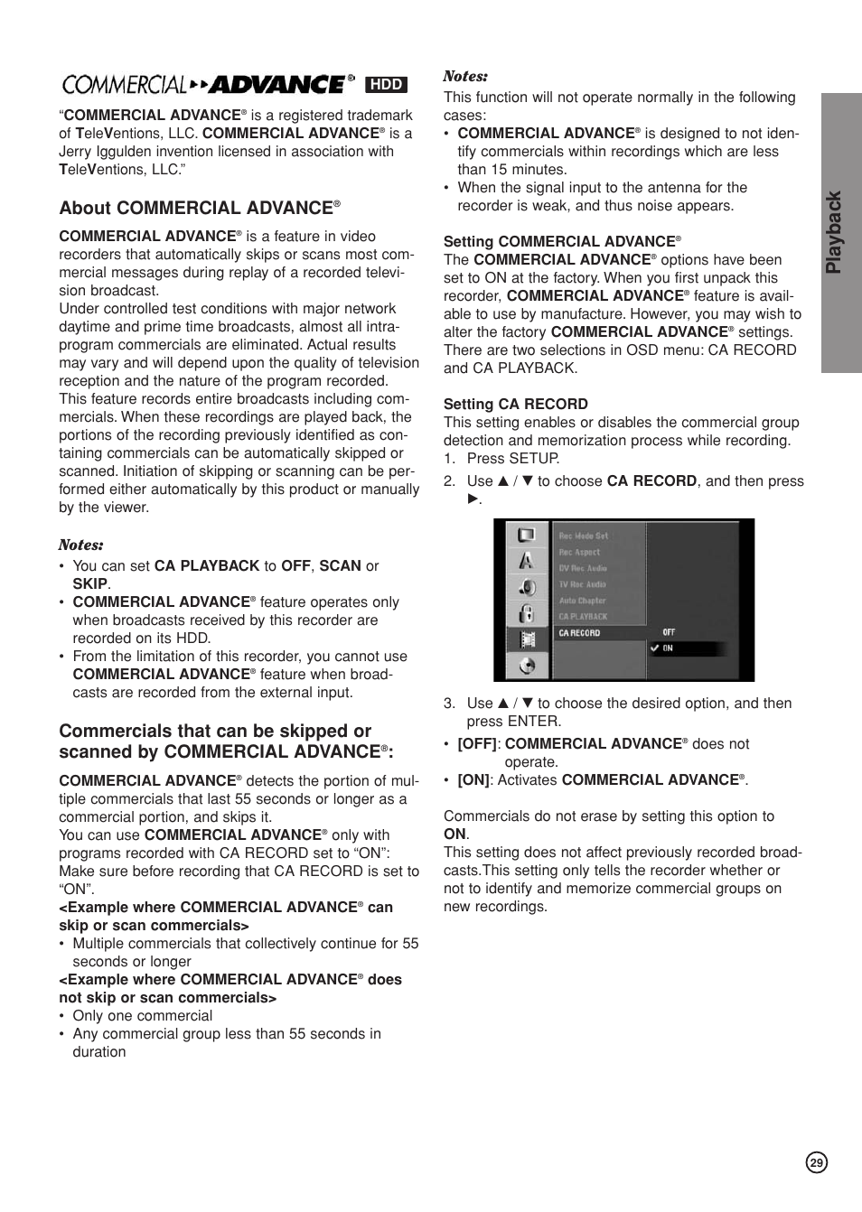 Pla ybac k, About commercial advance | Hitachi DV-DS81E User Manual | Page 29 / 76