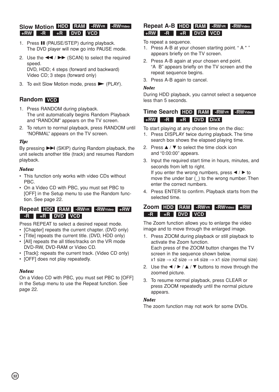 Slow motion, Random, Repeat | Repeat a-b, Time search, Zoom | Hitachi DV-DS81E User Manual | Page 32 / 76