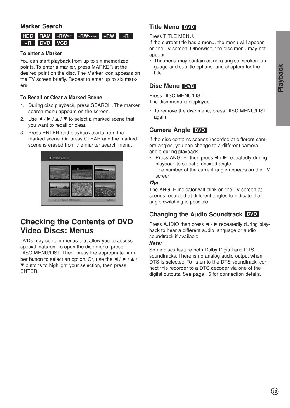 Checking the contents of dvd video discs: menus, Pla ybac k | Hitachi DV-DS81E User Manual | Page 33 / 76