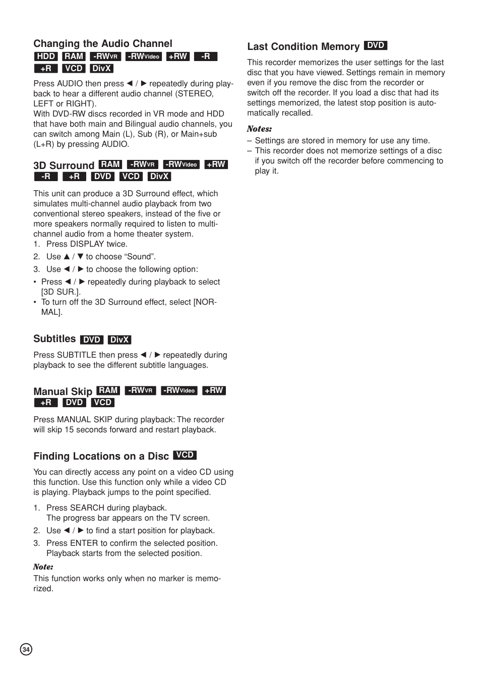 Changing the audio channel, 3d surround, Subtitles | Manual skip, Finding locations on a disc | Hitachi DV-DS81E User Manual | Page 34 / 76