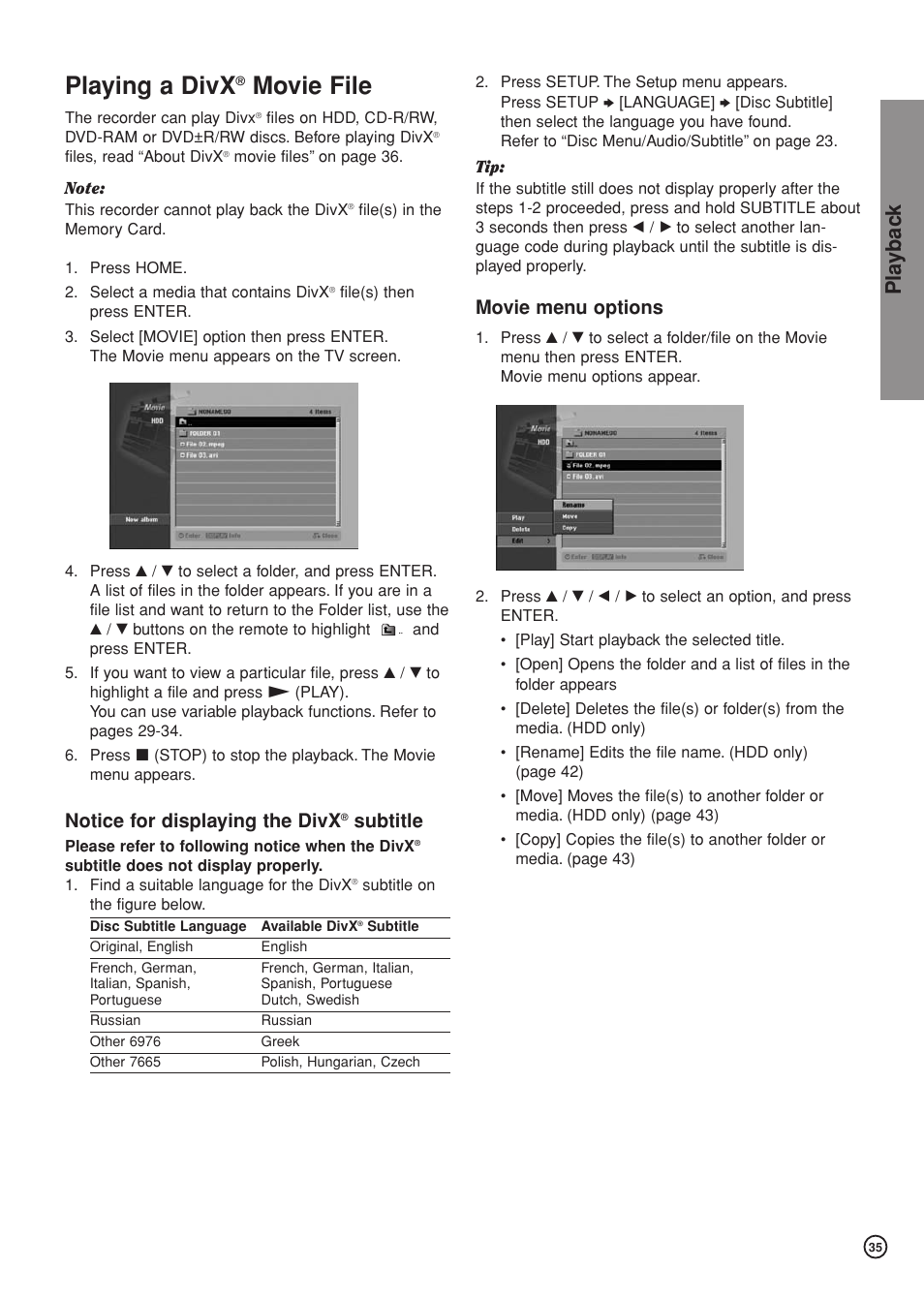 Playing a divx, Movie file, Pla ybac k | Notice for displaying the divx, Subtitle, Movie menu options | Hitachi DV-DS81E User Manual | Page 35 / 76