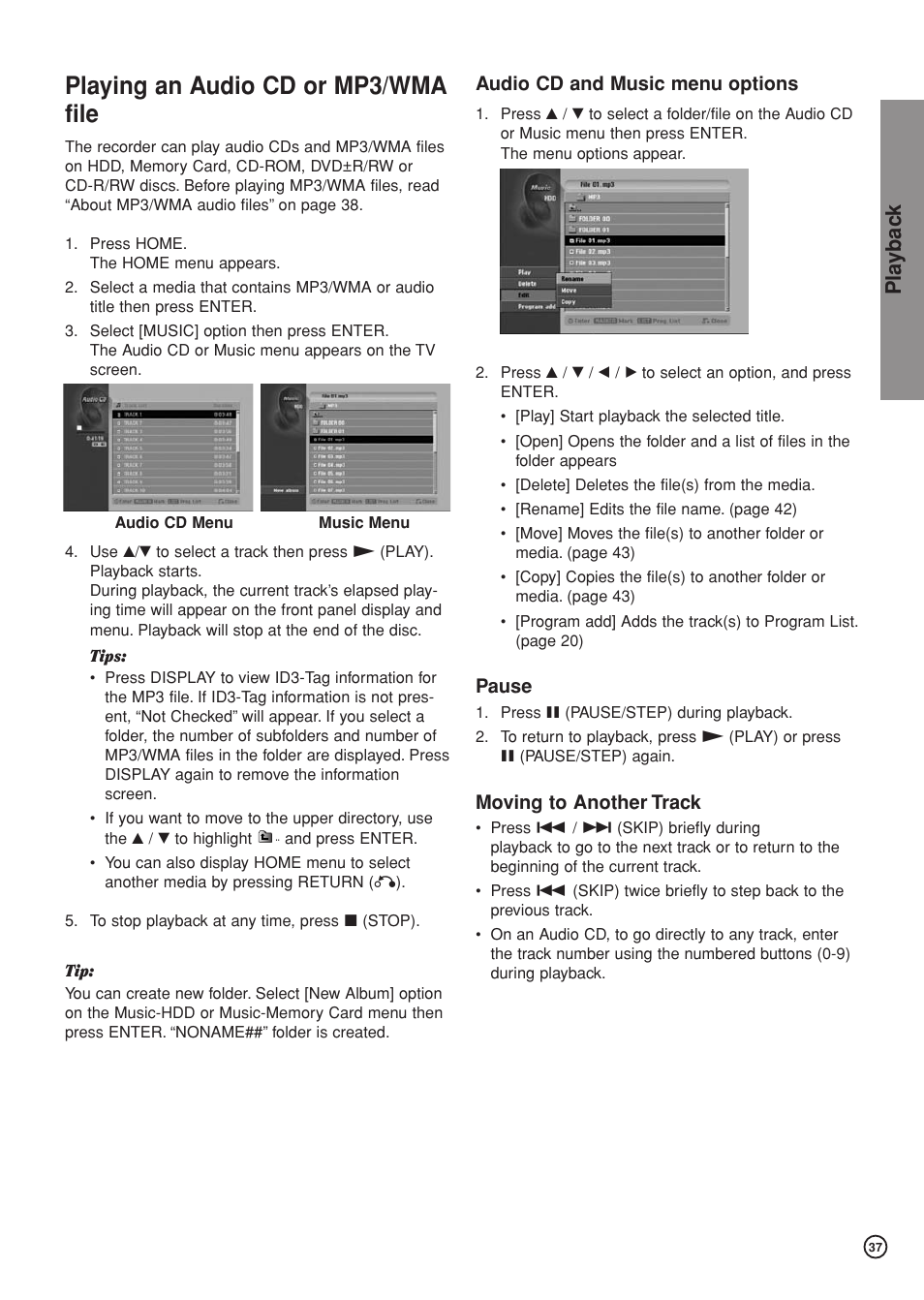 Playing an audio cd or mp3/wma file, Pla ybac k | Hitachi DV-DS81E User Manual | Page 37 / 76