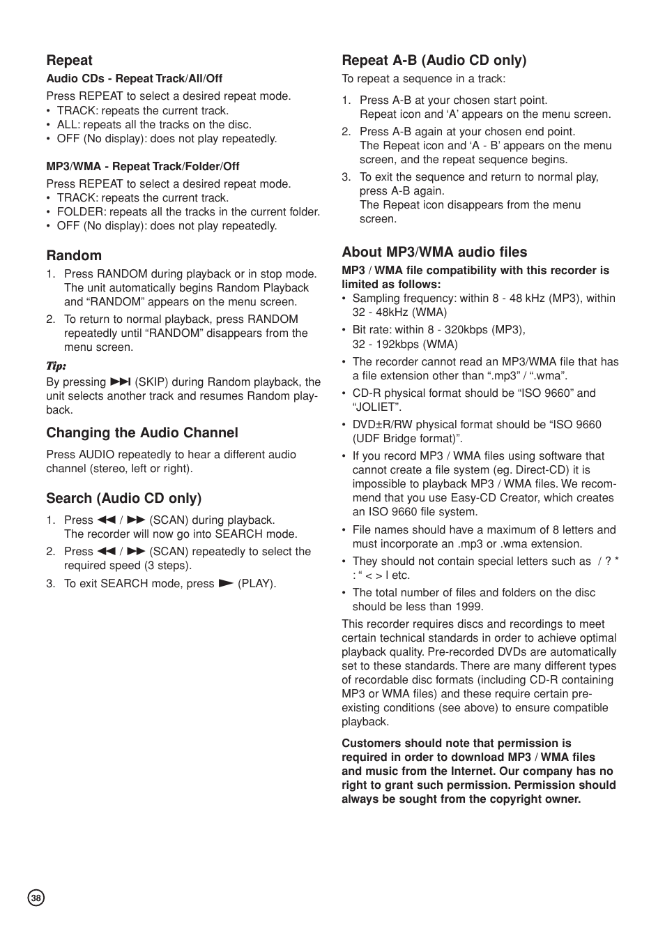 Repeat, Random, Changing the audio channel | Search (audio cd only), Repeat a-b (audio cd only), About mp3/wma audio files | Hitachi DV-DS81E User Manual | Page 38 / 76