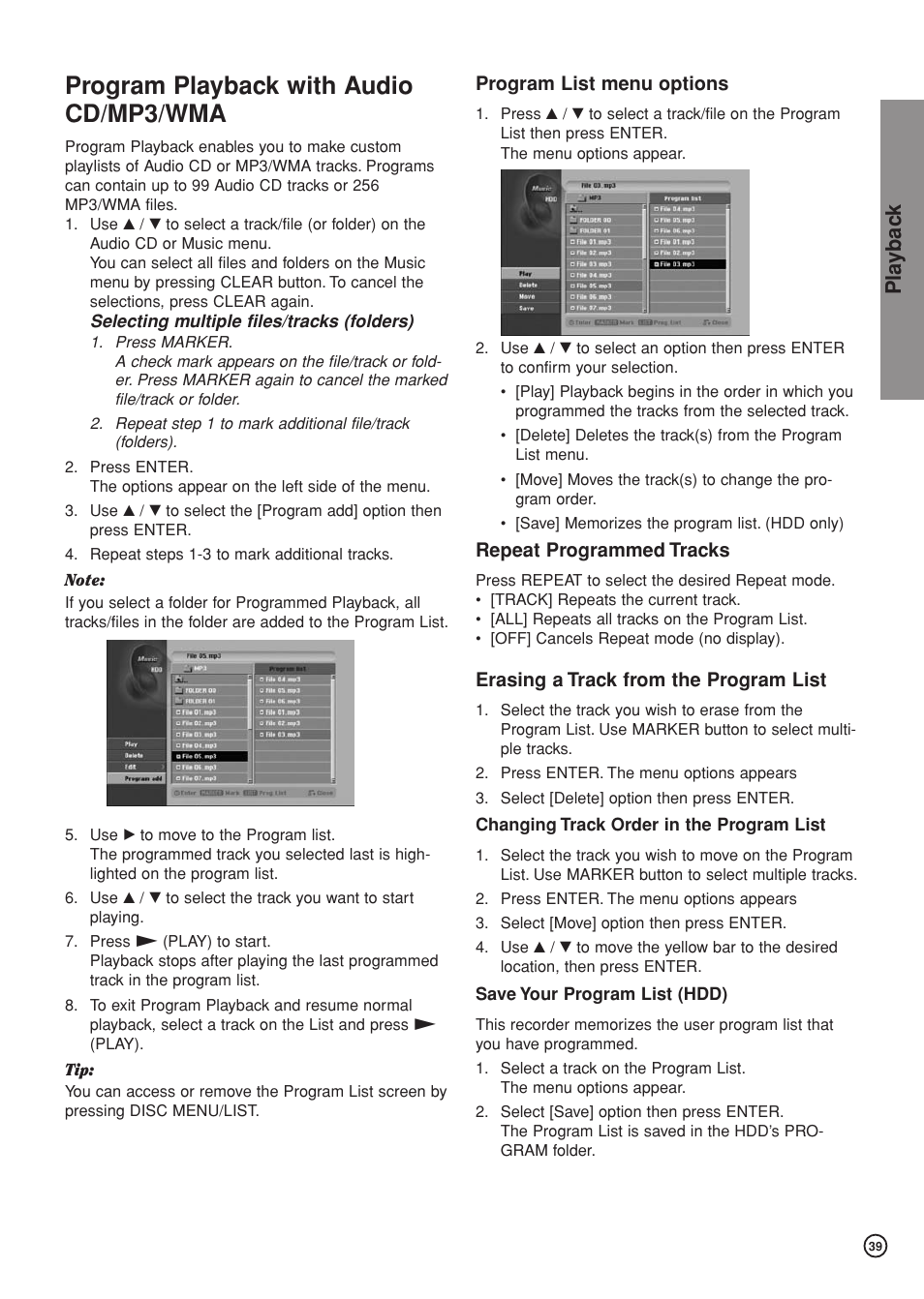 Program playback with audio cd/mp3/wma, Pla ybac k | Hitachi DV-DS81E User Manual | Page 39 / 76