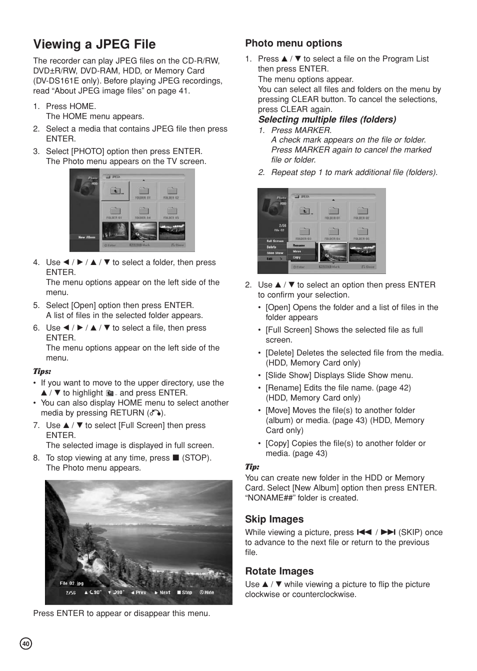 Viewing a jpeg file, Photo menu options, Skip images | Rotate images | Hitachi DV-DS81E User Manual | Page 40 / 76