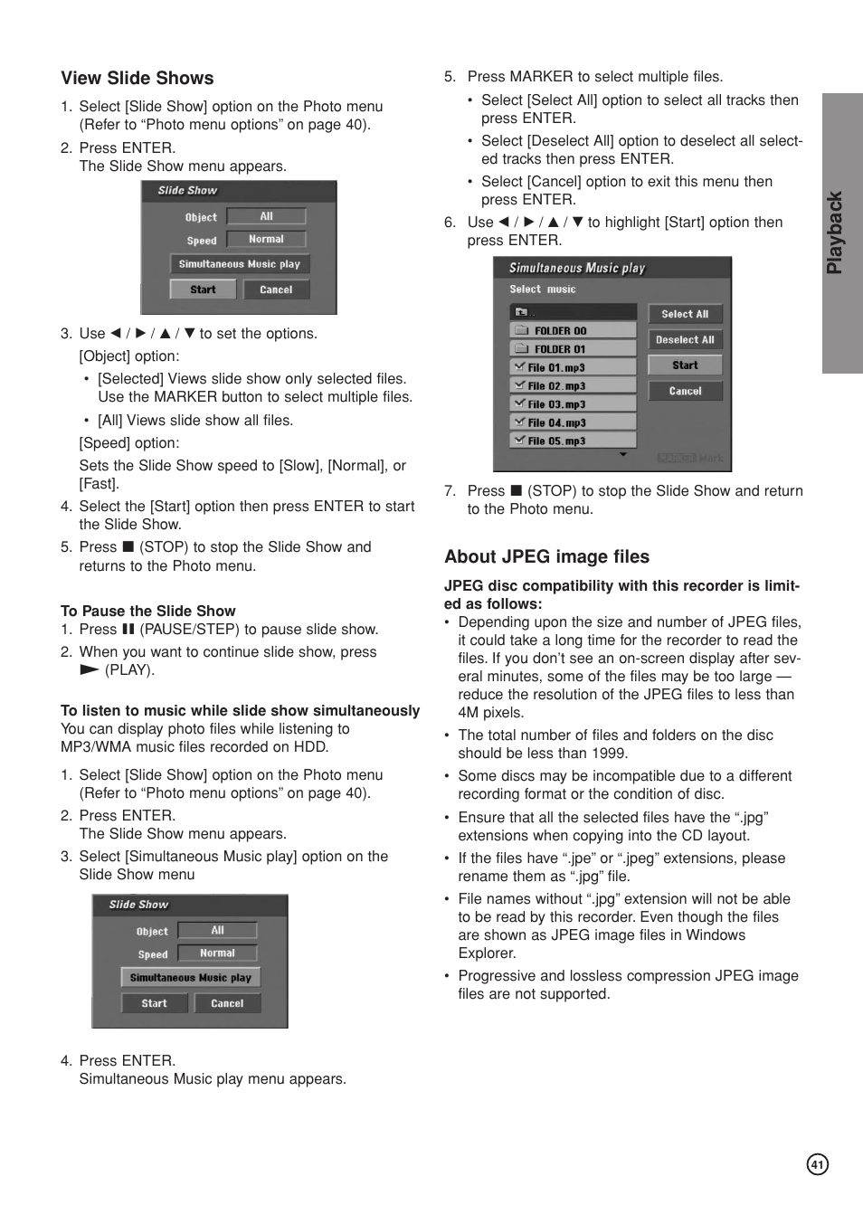 Pla ybac k, View slide shows, About jpeg image files | Hitachi DV-DS81E User Manual | Page 41 / 76