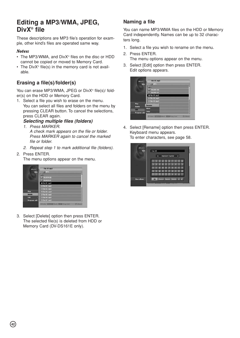 Editing a mp3/wma, jpeg, divx, File, Erasing a file(s)/folder(s) | Naming a file | Hitachi DV-DS81E User Manual | Page 42 / 76