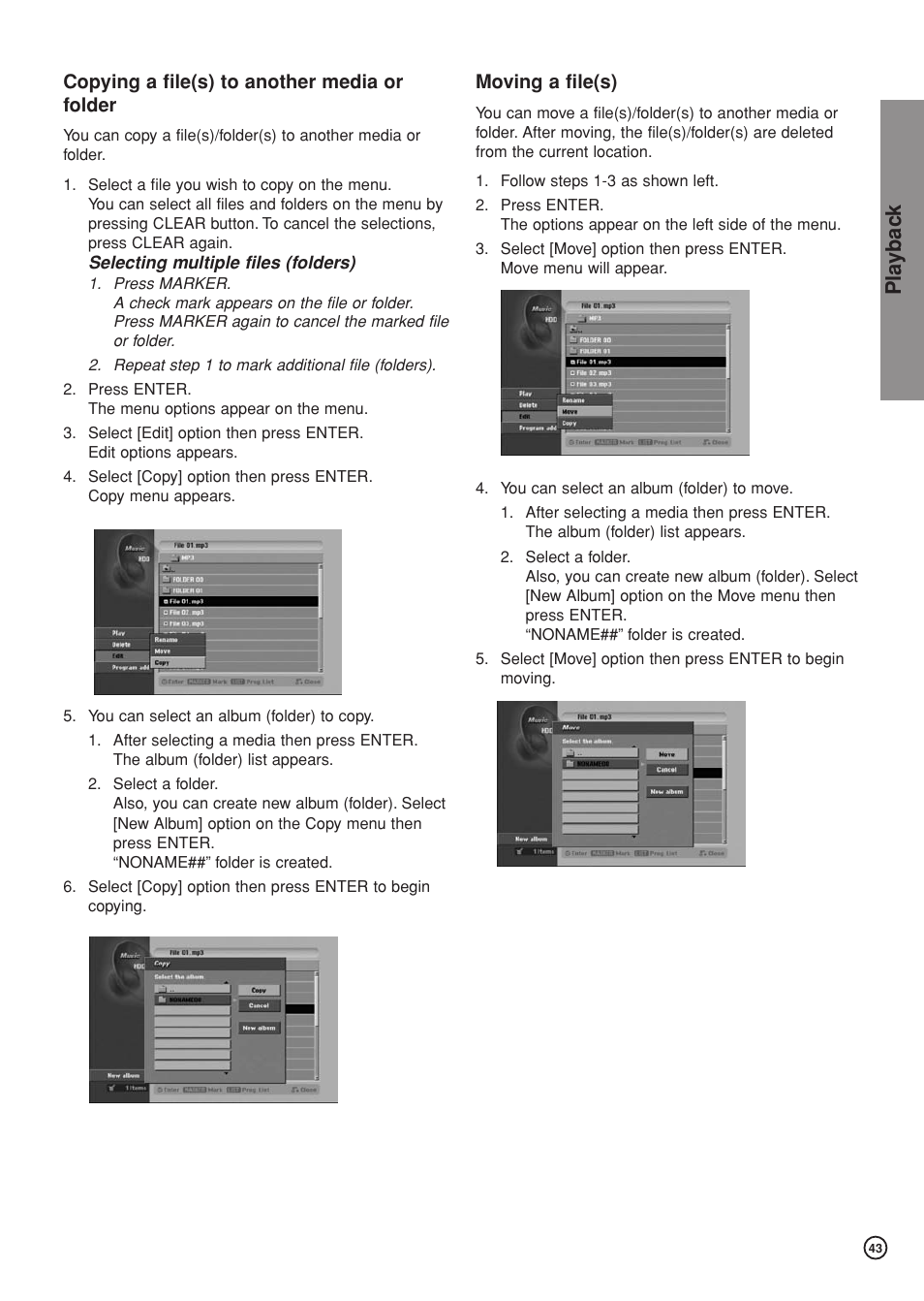 Pla ybac k, Copying a file(s) to another media or folder, Moving a file(s) | Hitachi DV-DS81E User Manual | Page 43 / 76