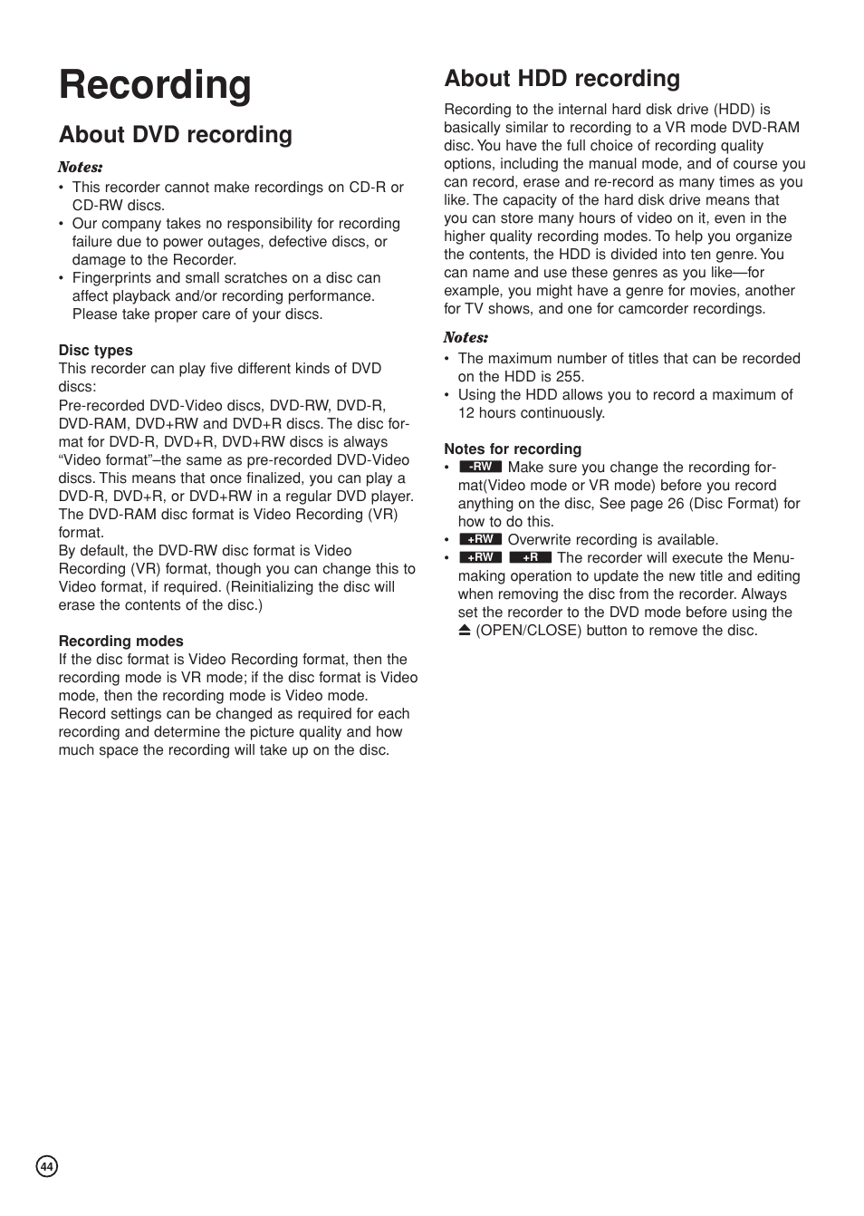 Recording, About dvd recording, About hdd recording | Hitachi DV-DS81E User Manual | Page 44 / 76