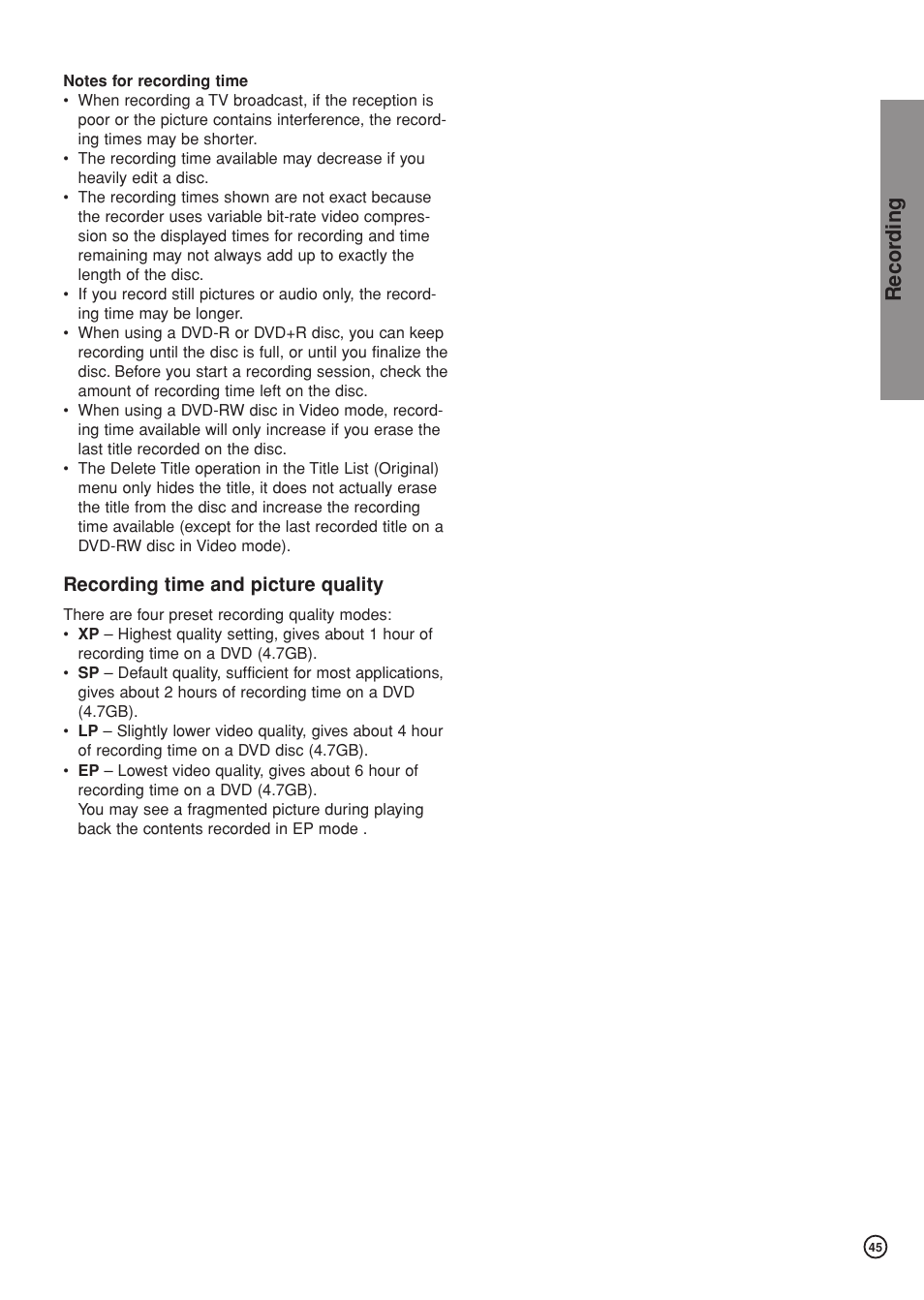 Recor ding, Recording time and picture quality | Hitachi DV-DS81E User Manual | Page 45 / 76