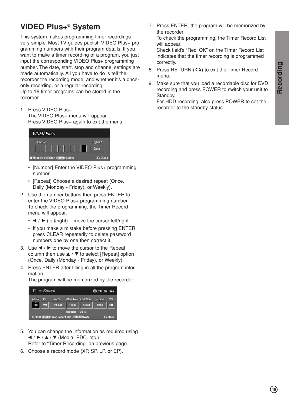 Video plus, System, Recor ding | Hitachi DV-DS81E User Manual | Page 49 / 76