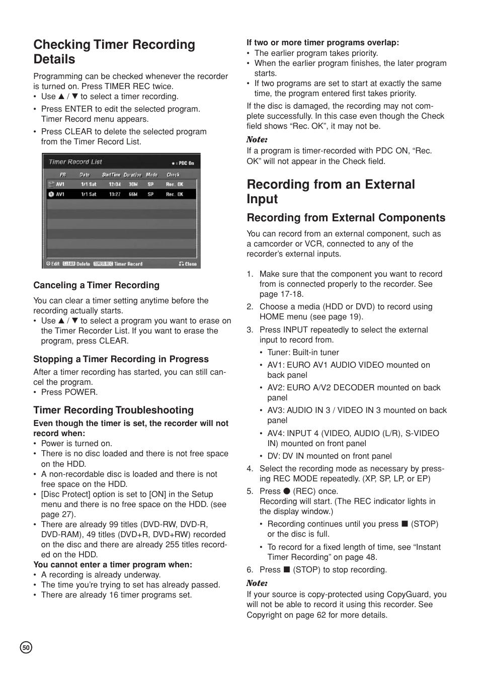 Checking timer recording details, Recording from an external input, Recording from external components | Timer recording troubleshooting | Hitachi DV-DS81E User Manual | Page 50 / 76