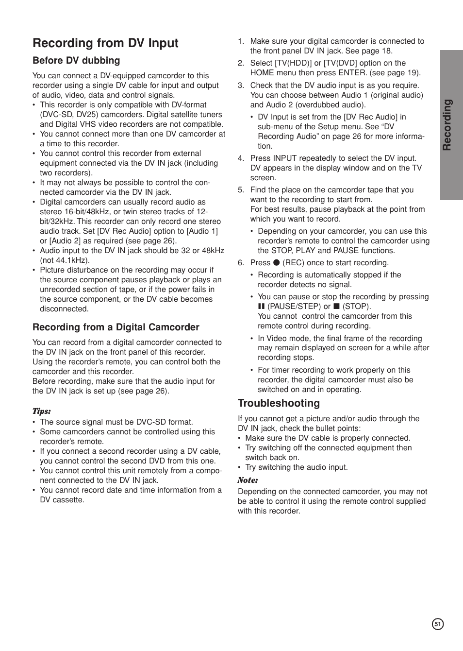 Recording from dv input, Recor ding, Troubleshooting | Before dv dubbing, Recording from a digital camcorder | Hitachi DV-DS81E User Manual | Page 51 / 76