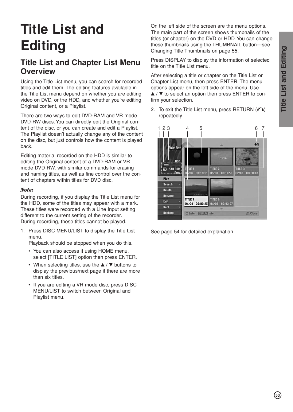 Title list and chapter list menu overview, Title list and editing | Hitachi DV-DS81E User Manual | Page 53 / 76