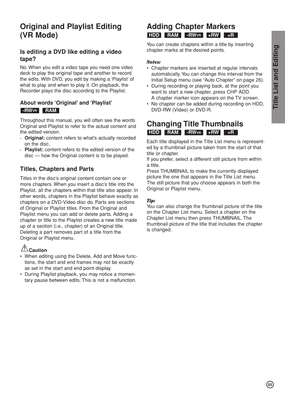 Original and playlist editing (vr mode), Adding chapter markers, Changing title thumbnails | Title list and editing, Is editing a dvd like editing a video tape, Titles, chapters and parts | Hitachi DV-DS81E User Manual | Page 55 / 76