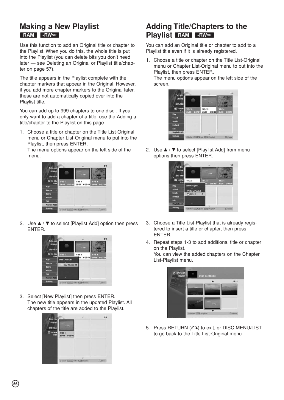 Making a new playlist, Adding title/chapters to the playlist | Hitachi DV-DS81E User Manual | Page 56 / 76