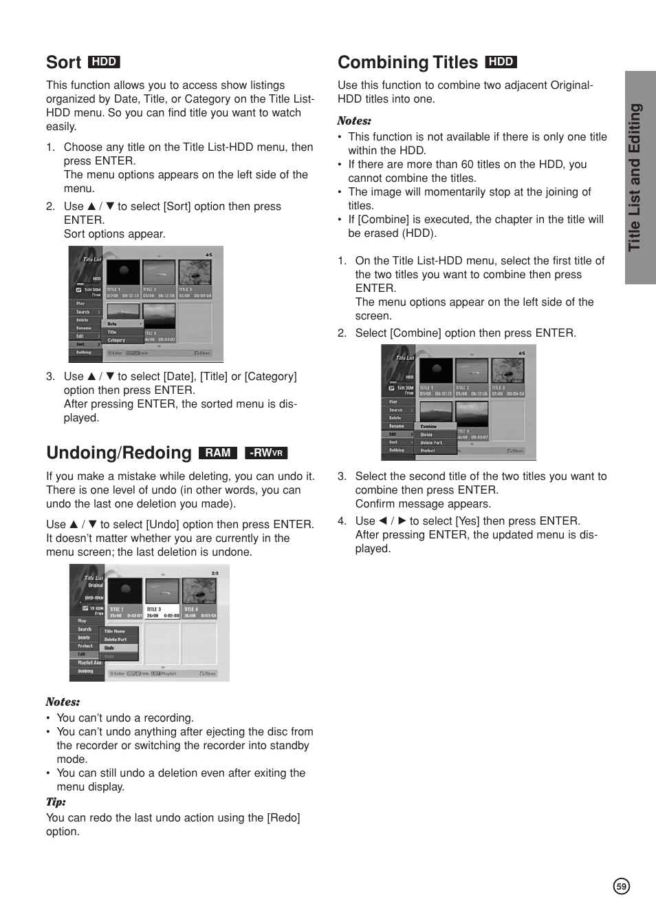 Sort, Undoing/redoing, Combining titles | Title list and editing | Hitachi DV-DS81E User Manual | Page 59 / 76