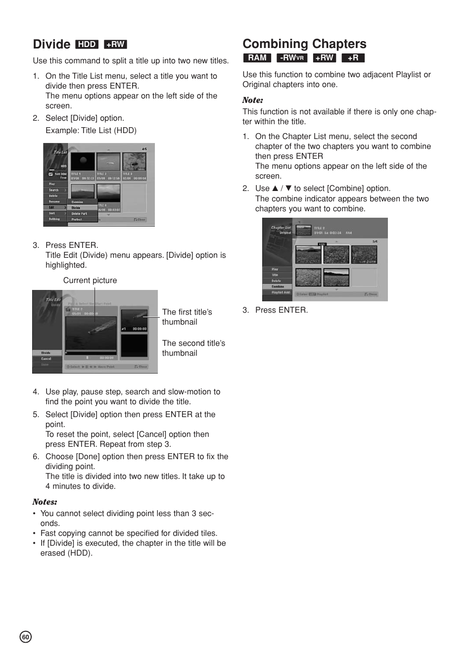Divide, Combining chapters | Hitachi DV-DS81E User Manual | Page 60 / 76