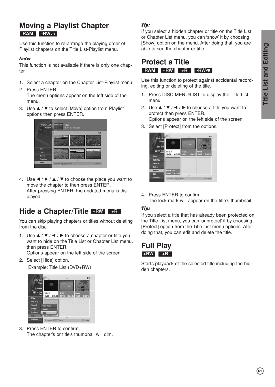 Moving a playlist chapter, Hide a chapter/title, Protect a title | Full play, Title list and editing | Hitachi DV-DS81E User Manual | Page 61 / 76