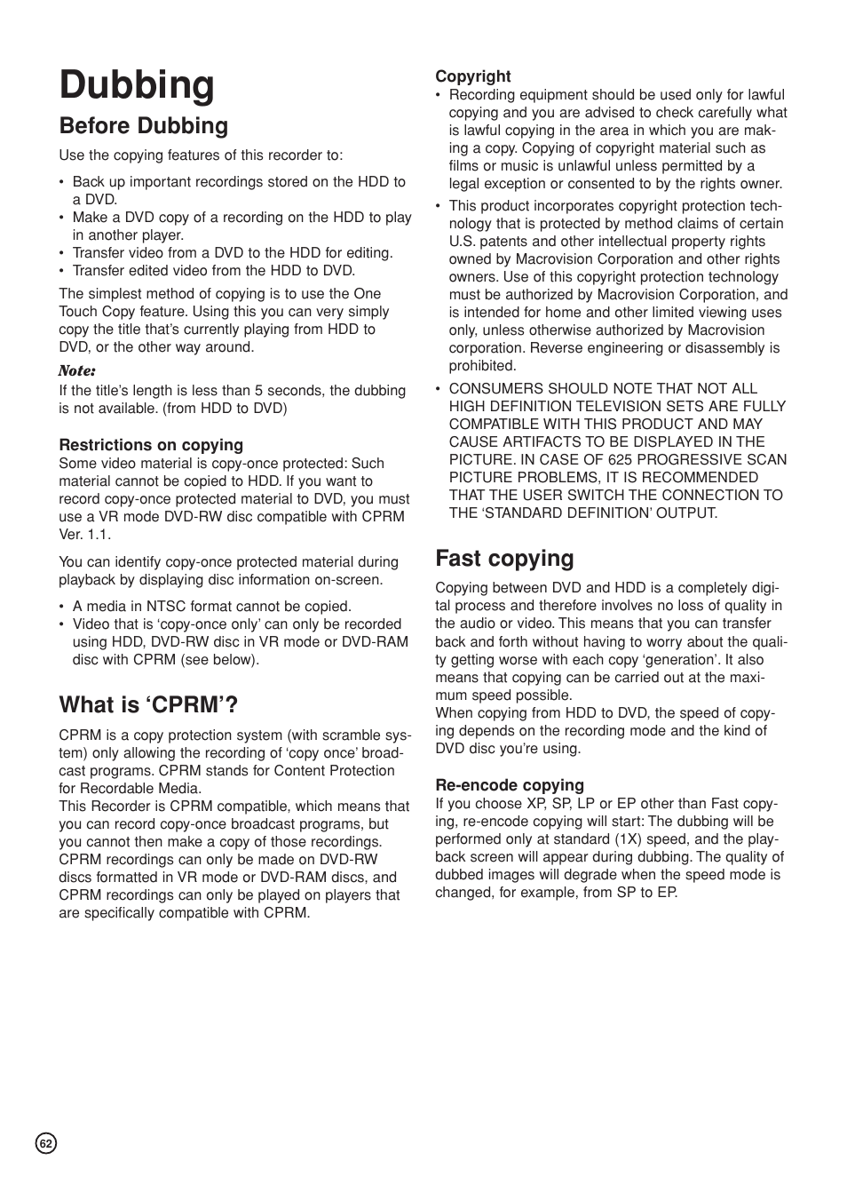Dubbing, Before dubbing, What is ‘cprm | Fast copying | Hitachi DV-DS81E User Manual | Page 62 / 76