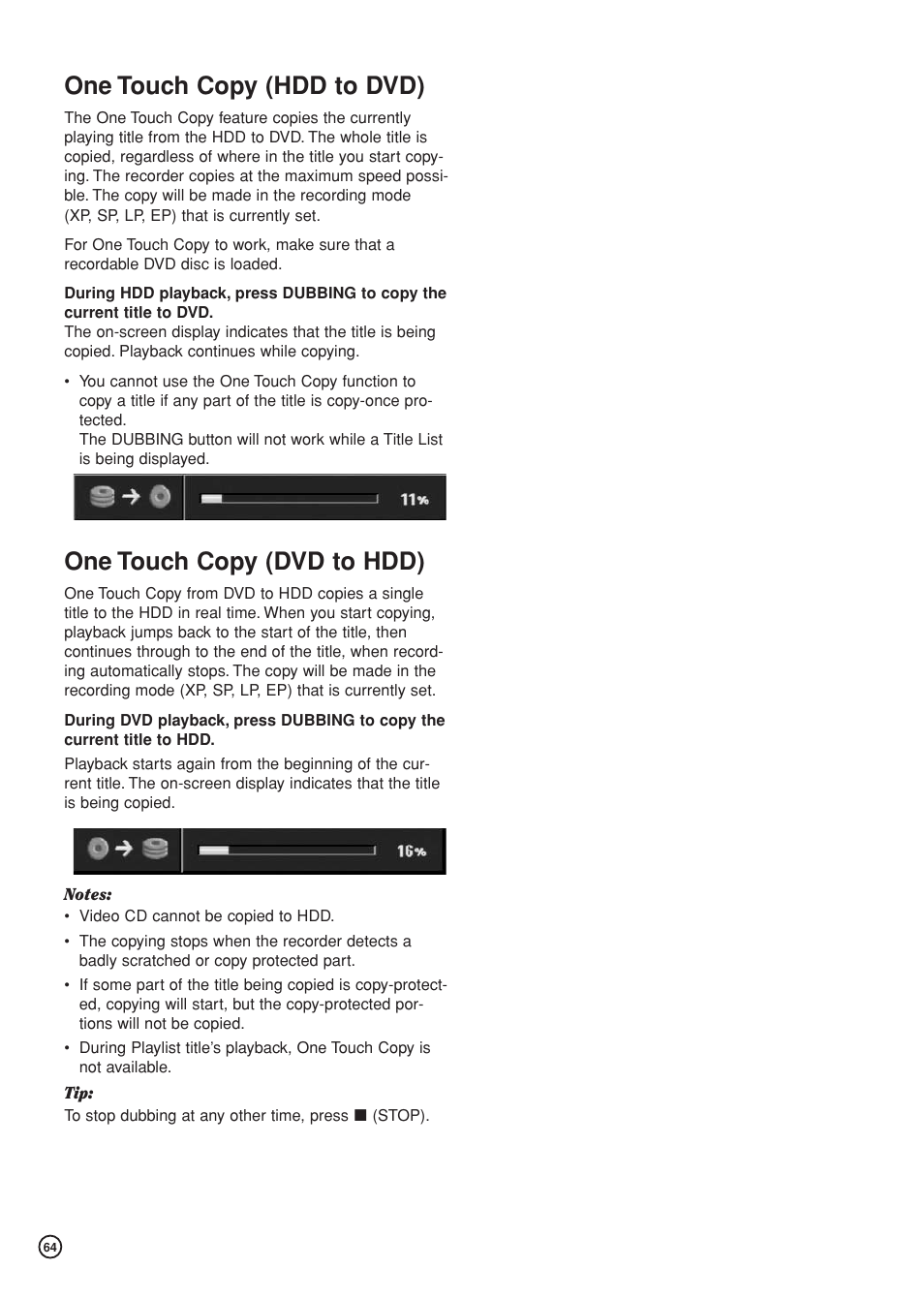 One touch copy (hdd to dvd), One touch copy (dvd to hdd) | Hitachi DV-DS81E User Manual | Page 64 / 76