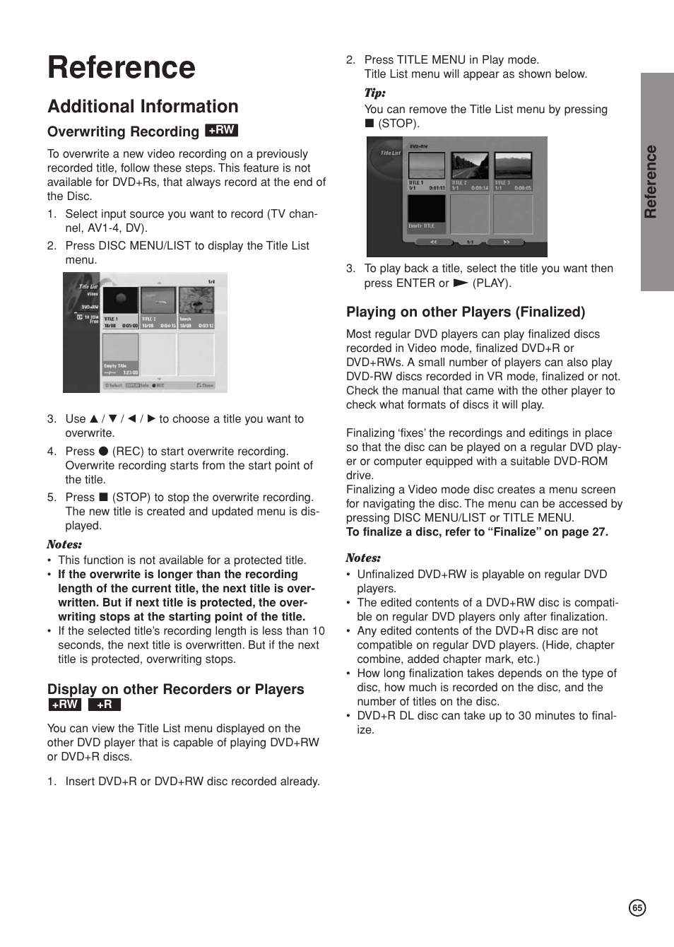 Reference, Additional information, Ref erence | Hitachi DV-DS81E User Manual | Page 65 / 76
