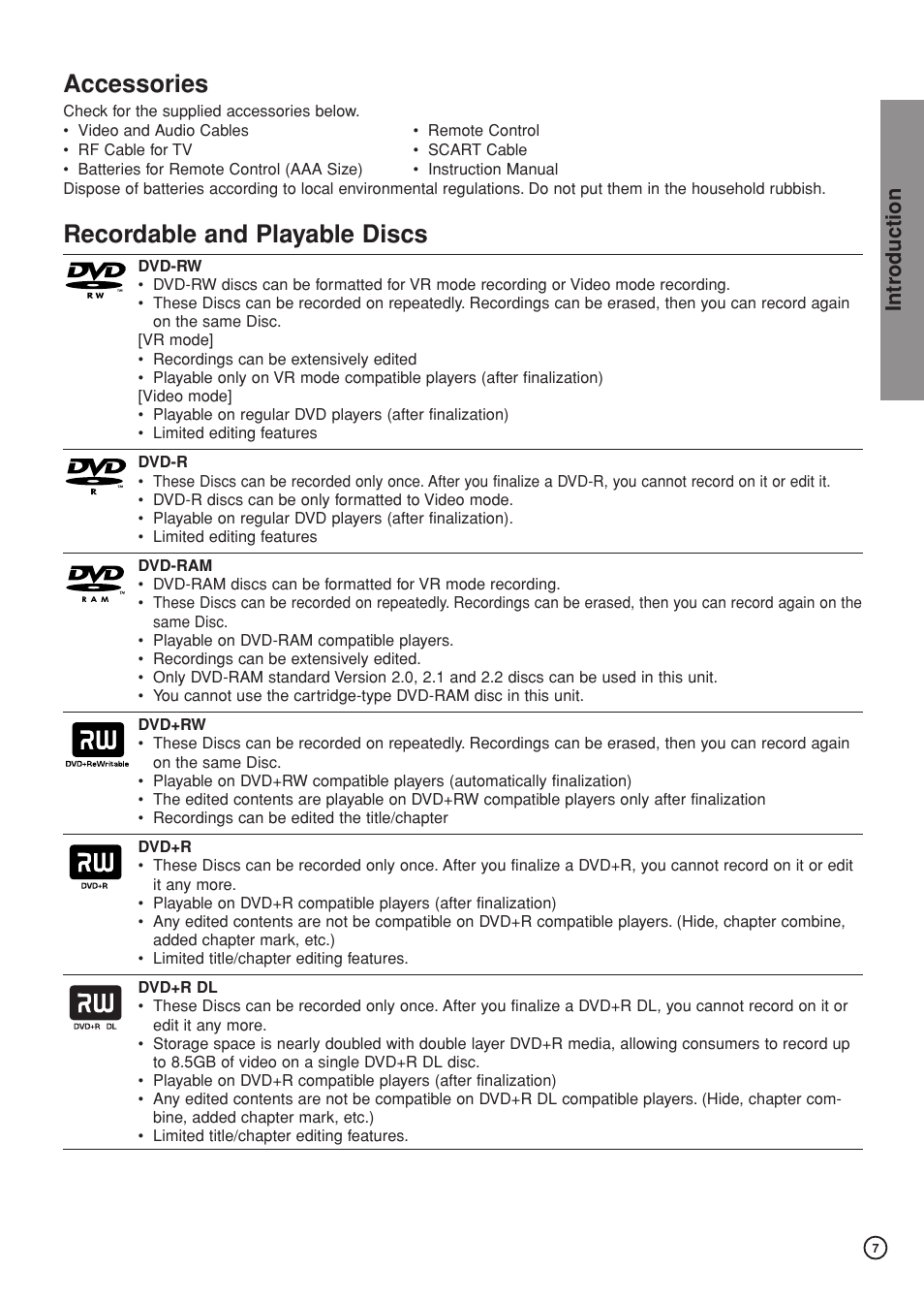 Accessories, Recordable and playable discs, Intr oduction | Hitachi DV-DS81E User Manual | Page 7 / 76