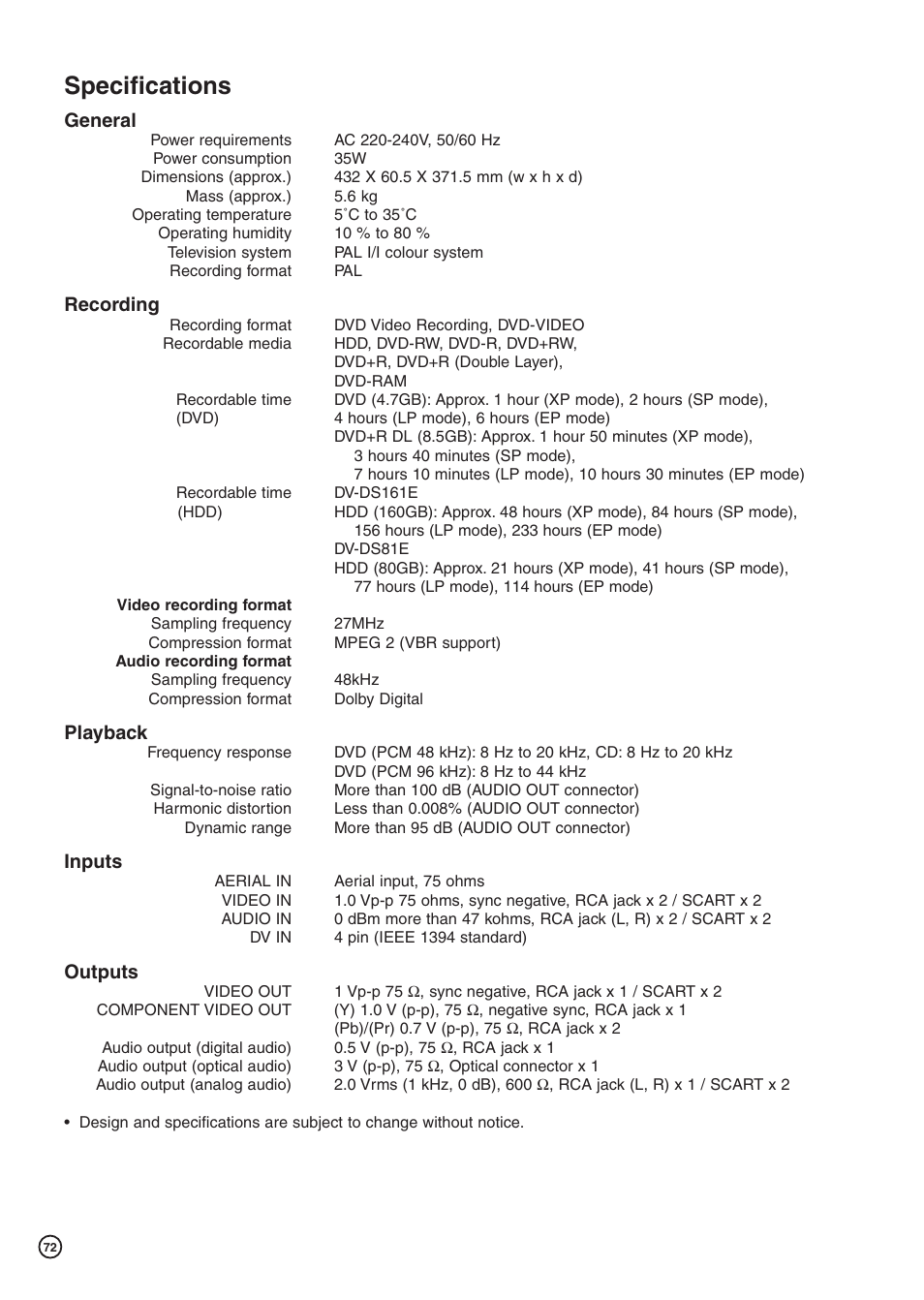 Specifications, General, Recording | Playback, Inputs, Outputs | Hitachi DV-DS81E User Manual | Page 72 / 76