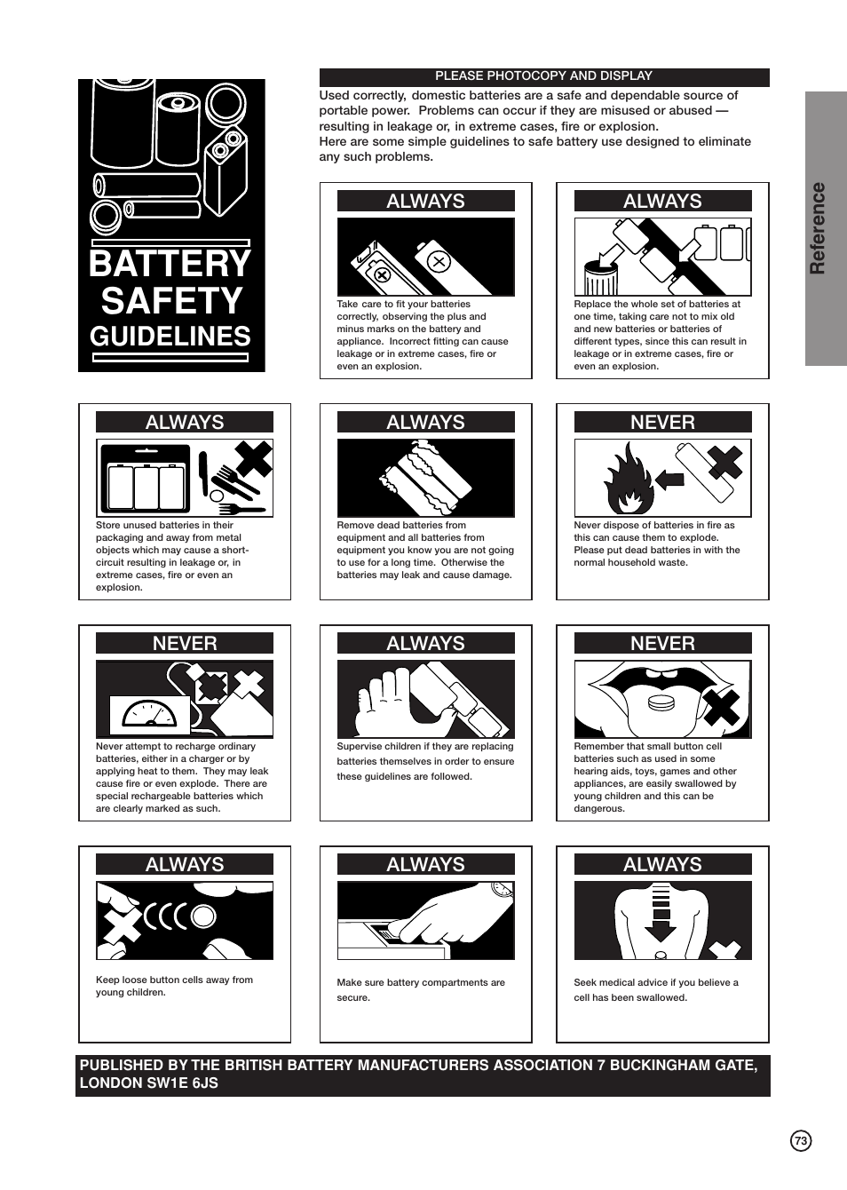 Battery safety, Guidelines, Always | Always never, Never always never, Ref erence | Hitachi DV-DS81E User Manual | Page 73 / 76