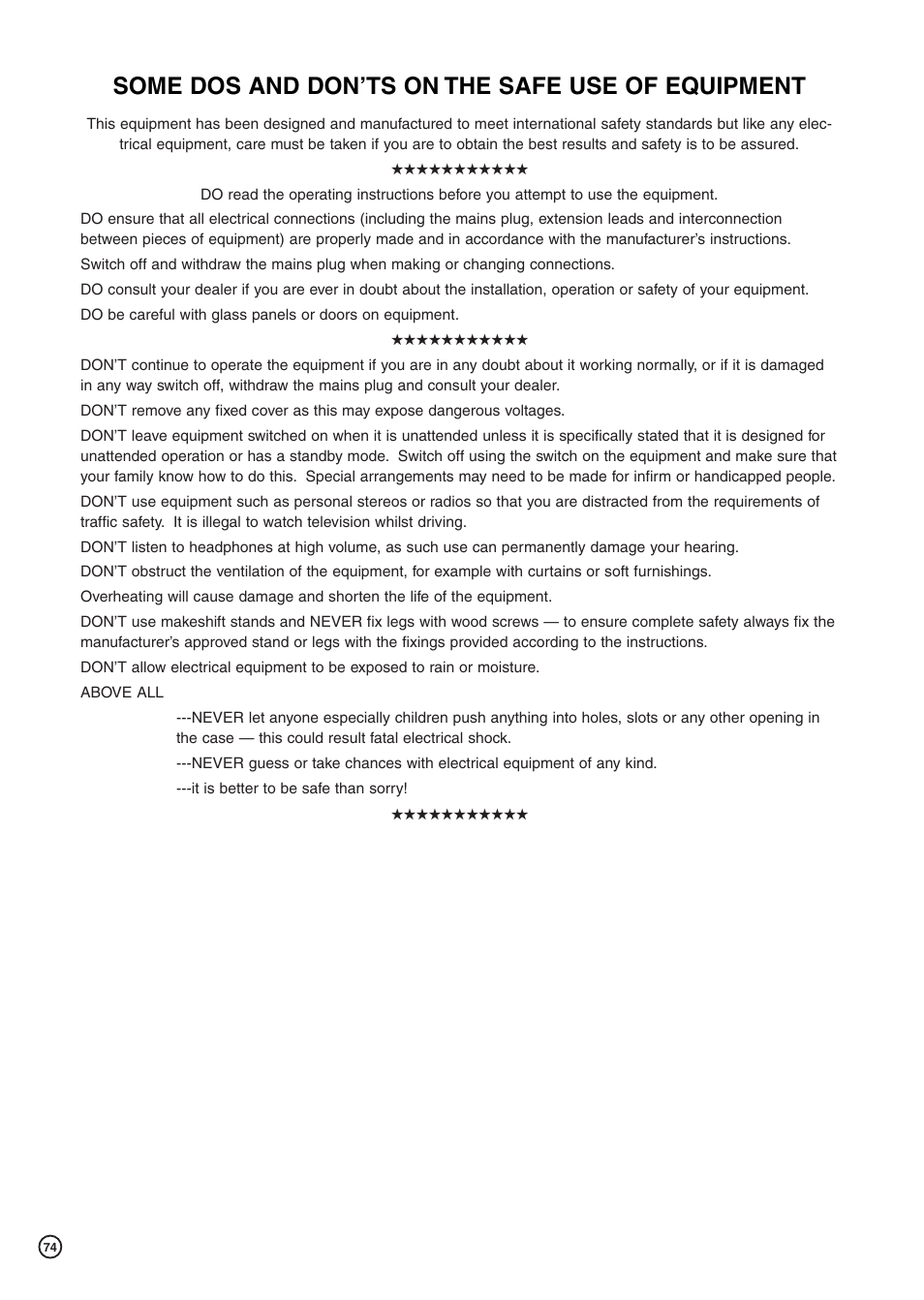 Some dos and don’ts on the safe use of equipment | Hitachi DV-DS81E User Manual | Page 74 / 76
