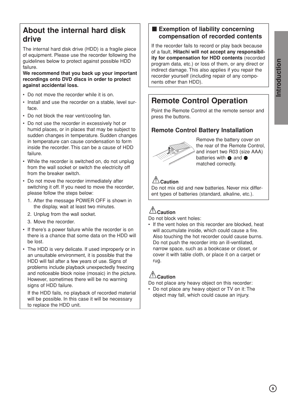 About the internal hard disk drive, Remote control operation, Intr oduction | Hitachi DV-DS81E User Manual | Page 9 / 76