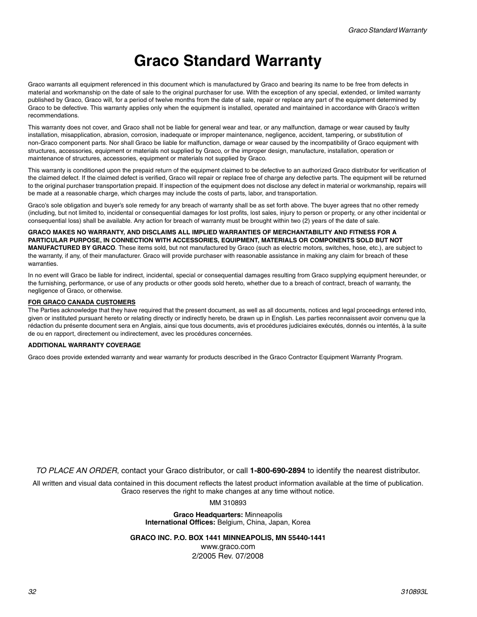 Graco standard warranty | Hitachi GMAX II 3900 User Manual | Page 32 / 32