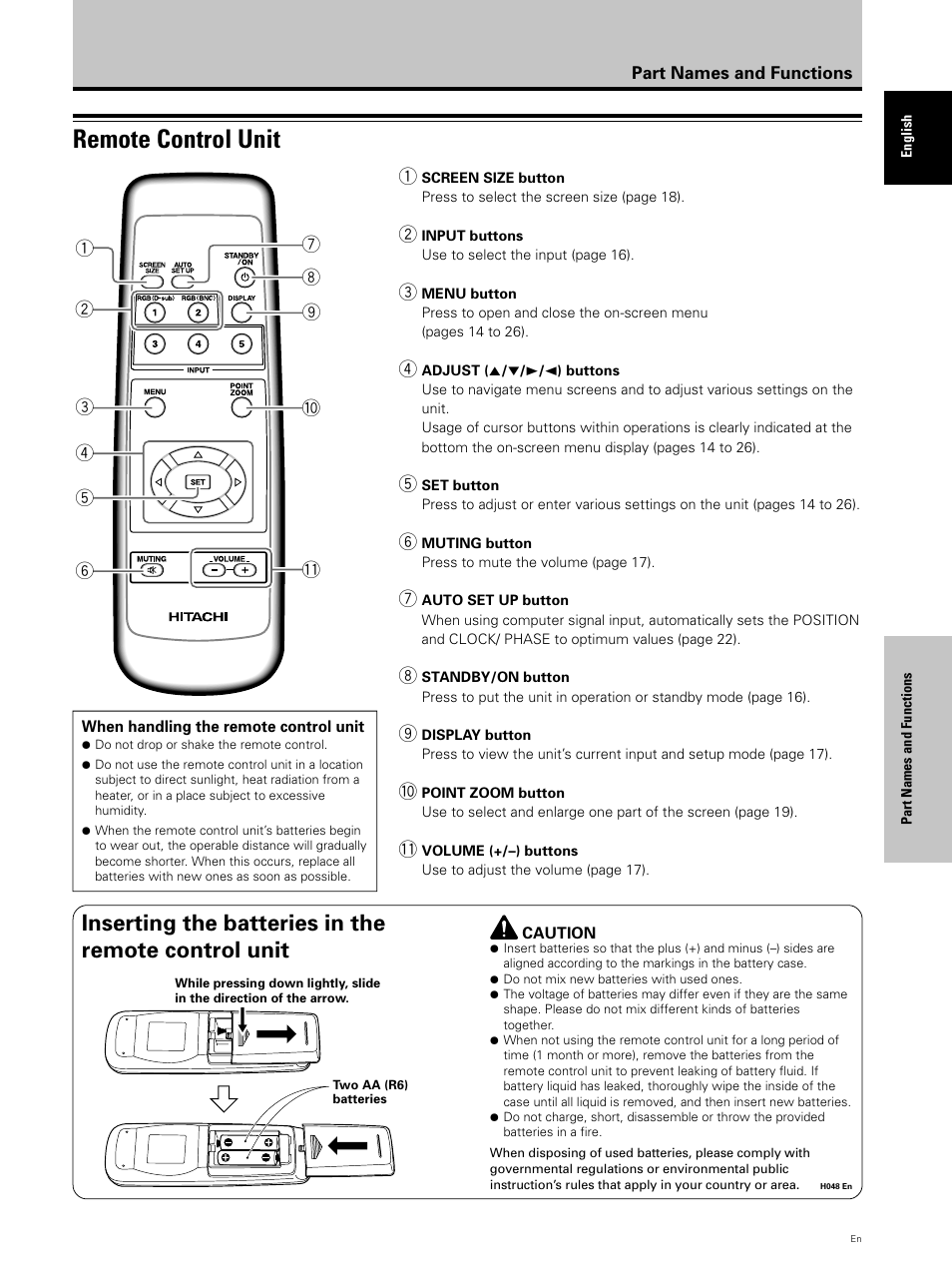 Remote control unit, Inserting the batteries in the remote control unit | Hitachi CMP5000WXU User Manual | Page 13 / 40