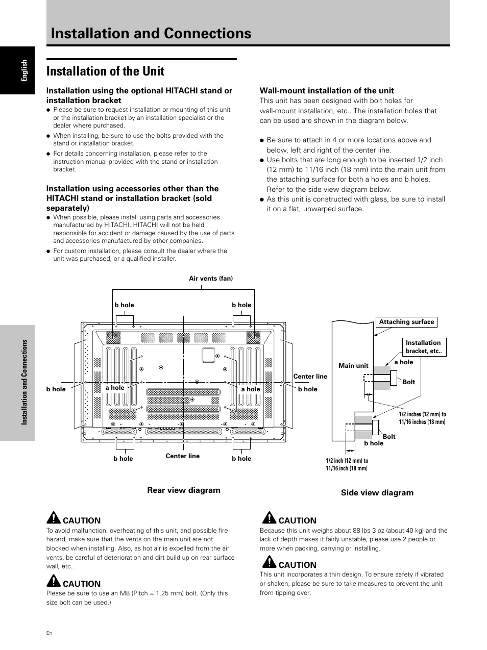 Installation and connections, Installation of the unit | Hitachi CMP5000WXU User Manual | Page 16 / 40