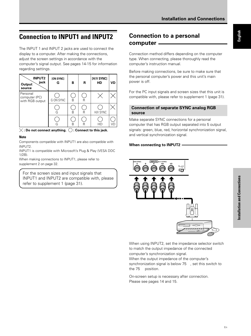 Connection to input1 and input2, Connection to a personal computer, Installation and connections | Connection of separate sync analog rgb source | Hitachi CMP5000WXU User Manual | Page 17 / 40