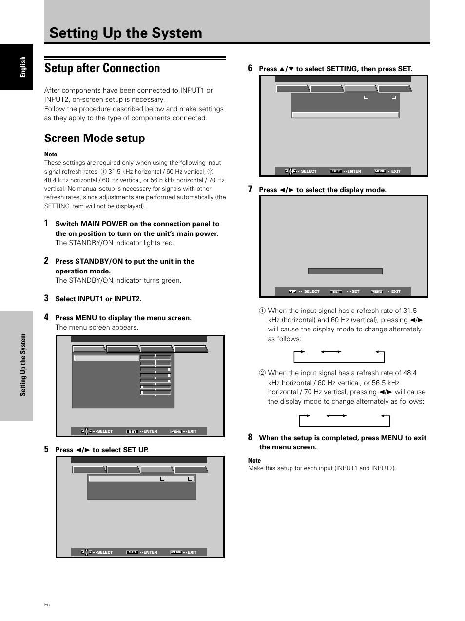 Setting up the system, Setup after connection, Screen mode setup | Hitachi CMP5000WXU User Manual | Page 22 / 40