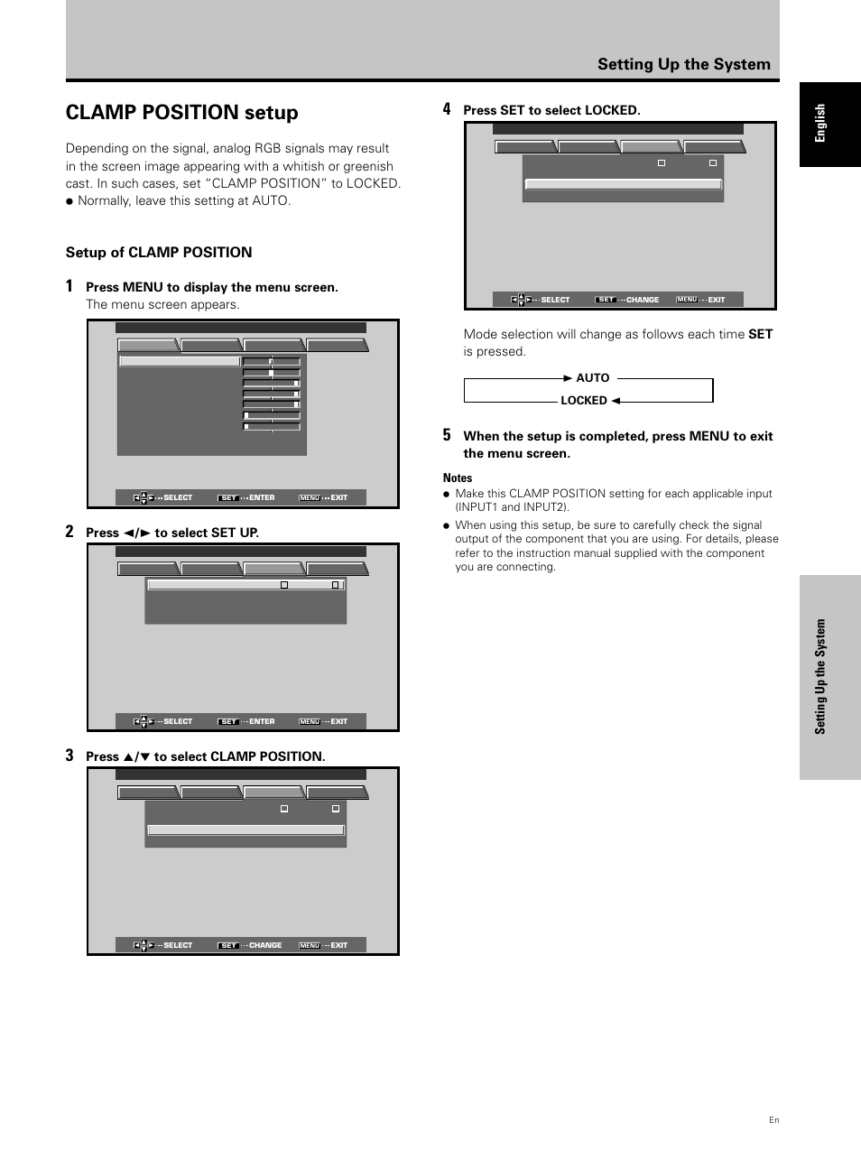 Clamp position setup, Setting up the system, Setup of clamp position | Setting up the system english, Press 2 / 3 to select set up, Press 5 / ∞ to select clamp position, Press set to select locked | Hitachi CMP5000WXU User Manual | Page 23 / 40